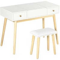 HOMCOM Frisiertisch mit Spiegel und Hocker, Schminktisch mit 2 Schubladen und klappbarem Spiegel, gepolsterter Hocker, Schreibtisch Frisiertisch, 100 x 45 x 118 cm, weiß Aosom
