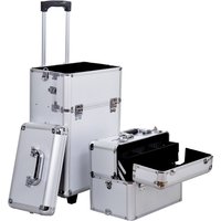 HOMCOM Schminkkoffer 2-in-1 mit auf 3 Höhen einstellbarem Griff und Rollen, professioneller Make-up-Trolley aus Aluminium, 35,5x23x105 cm, Silber Aosom