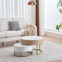 Goldener Satztisch, höhenverstellbare Couchtischkombination mit Schubladen, 2-teiliges Set, Weiß