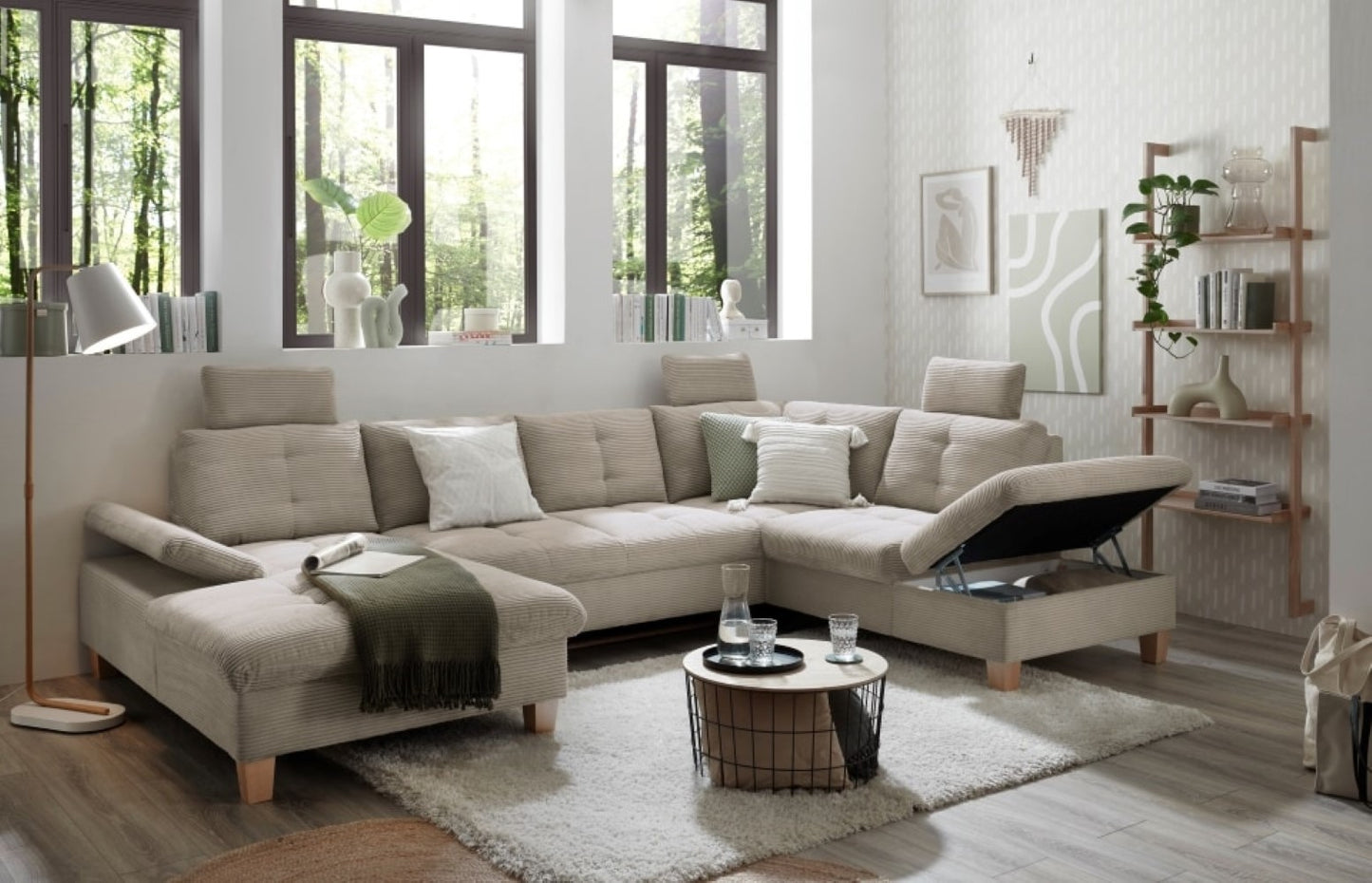 Wohnlandschaft "Ascot" von Ed Exciting Design in Breitcord mit Schlaffunktion, Bettkasten und variabler Kopfstütze