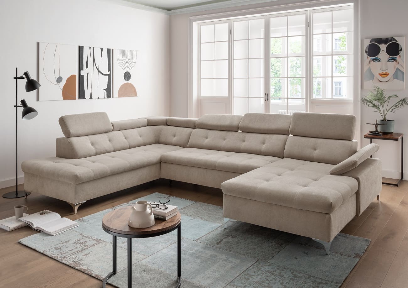 Wohnlandschaft Bardella mit Schlaffunktion und Bettkasten - beige-taupe - Benformato