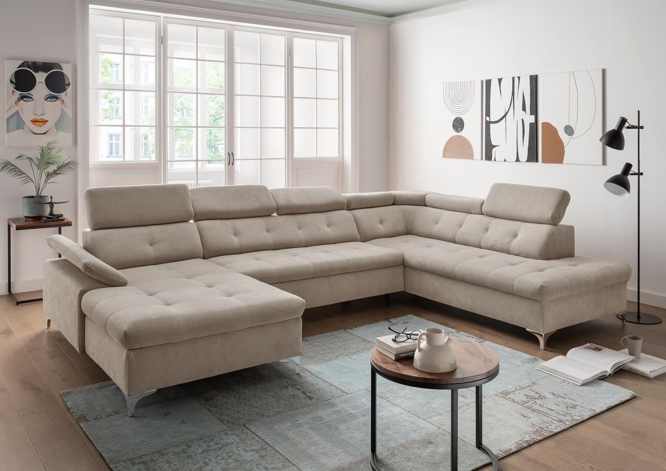 Wohnlandschaft Bardella mit Schlaffunktion und Bettkasten - beige-taupe - Benformato