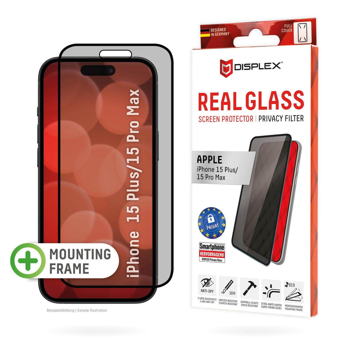 DISPLEX Privacy Panzerglas 10H für Apple iPhone 15 Plus/15 Pro Max