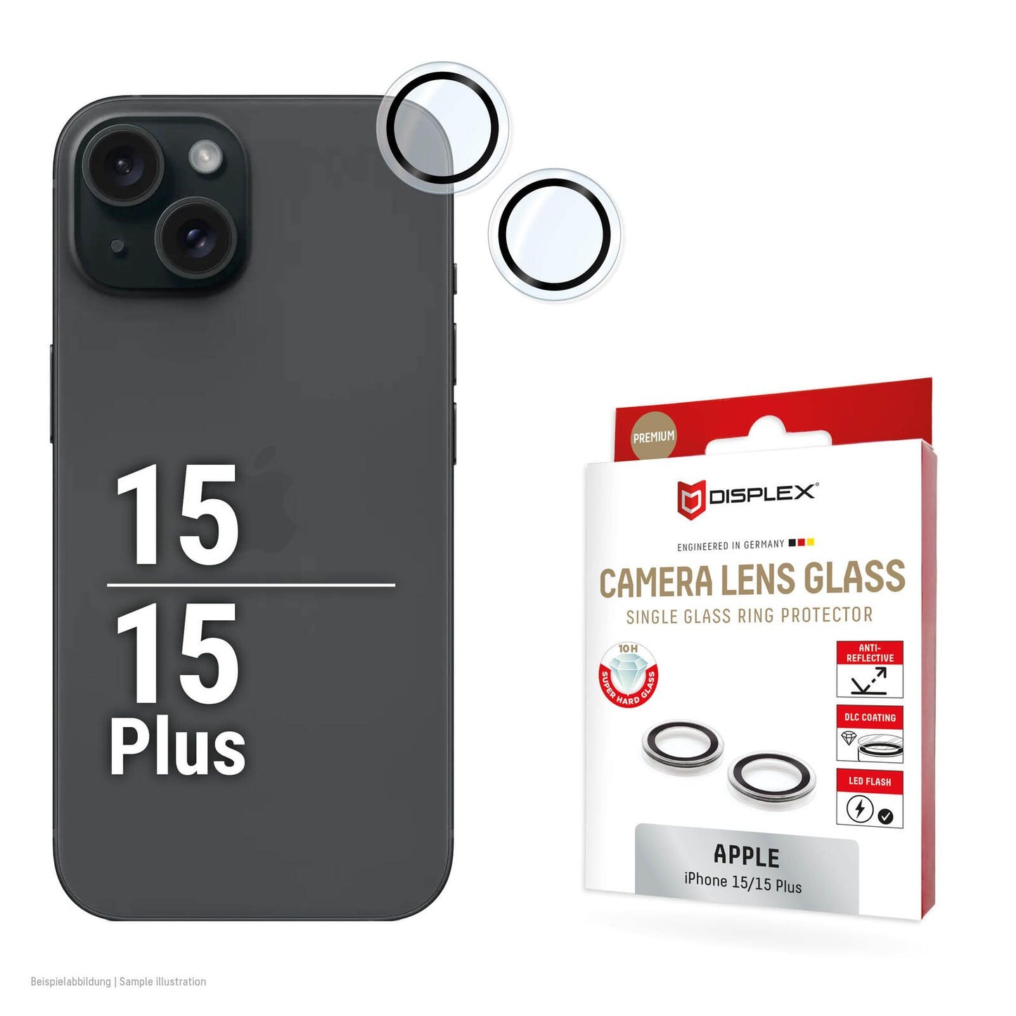 DISPLEX Premium Camera Lens Glass, iPhone 15/15 Plus Einzelringe