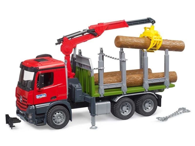 BRUDER MB Arocs Holztransport-LKW mit Ladekran, Greifer und 3 Baumstämmen
