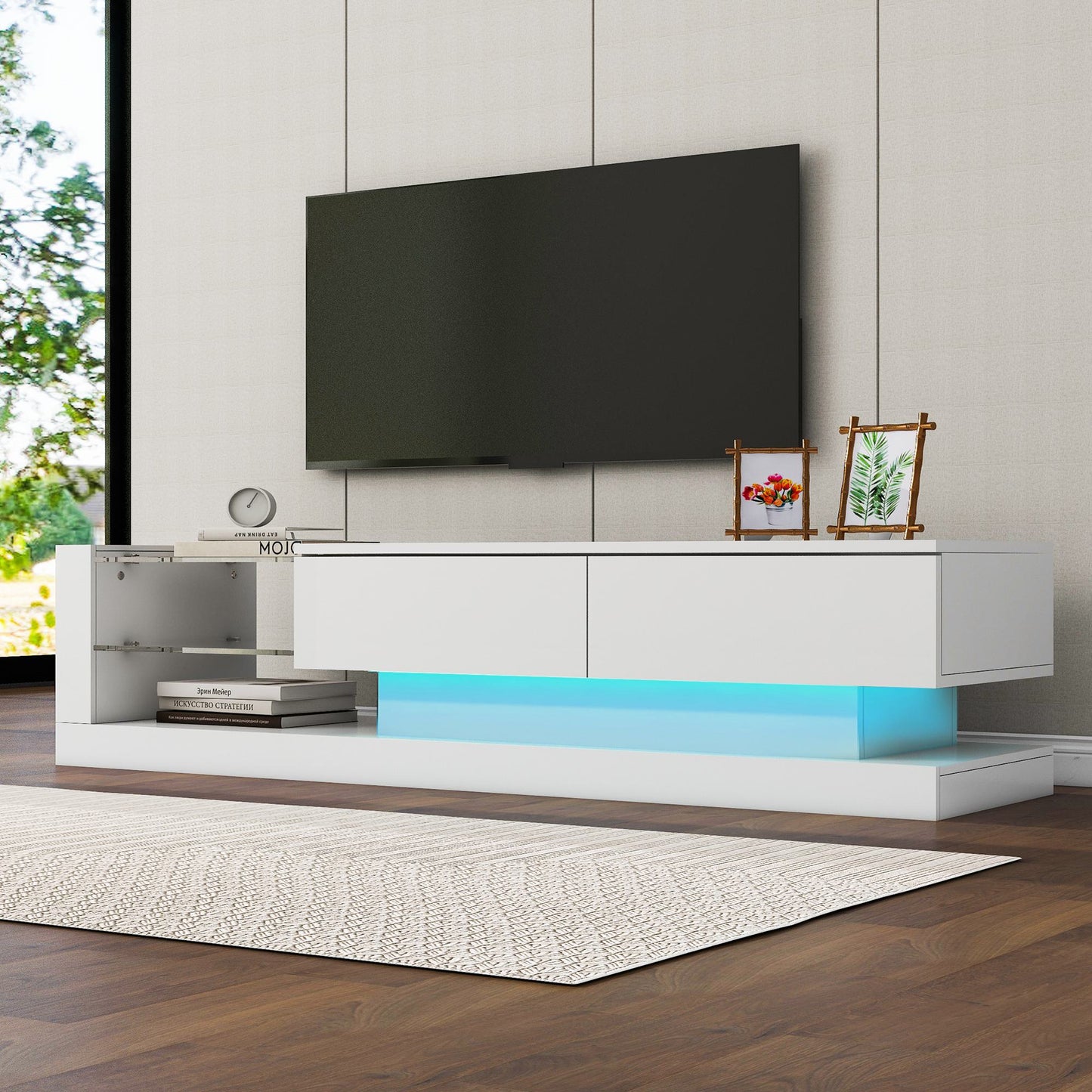 TV Schrank Weiss Hochglanz-TV-Schrank mit verstecktem Stauraum und LED-Beleuchtung, 140x38x38 cm, für 60-Zoll-Fernseher   Aosom.de
