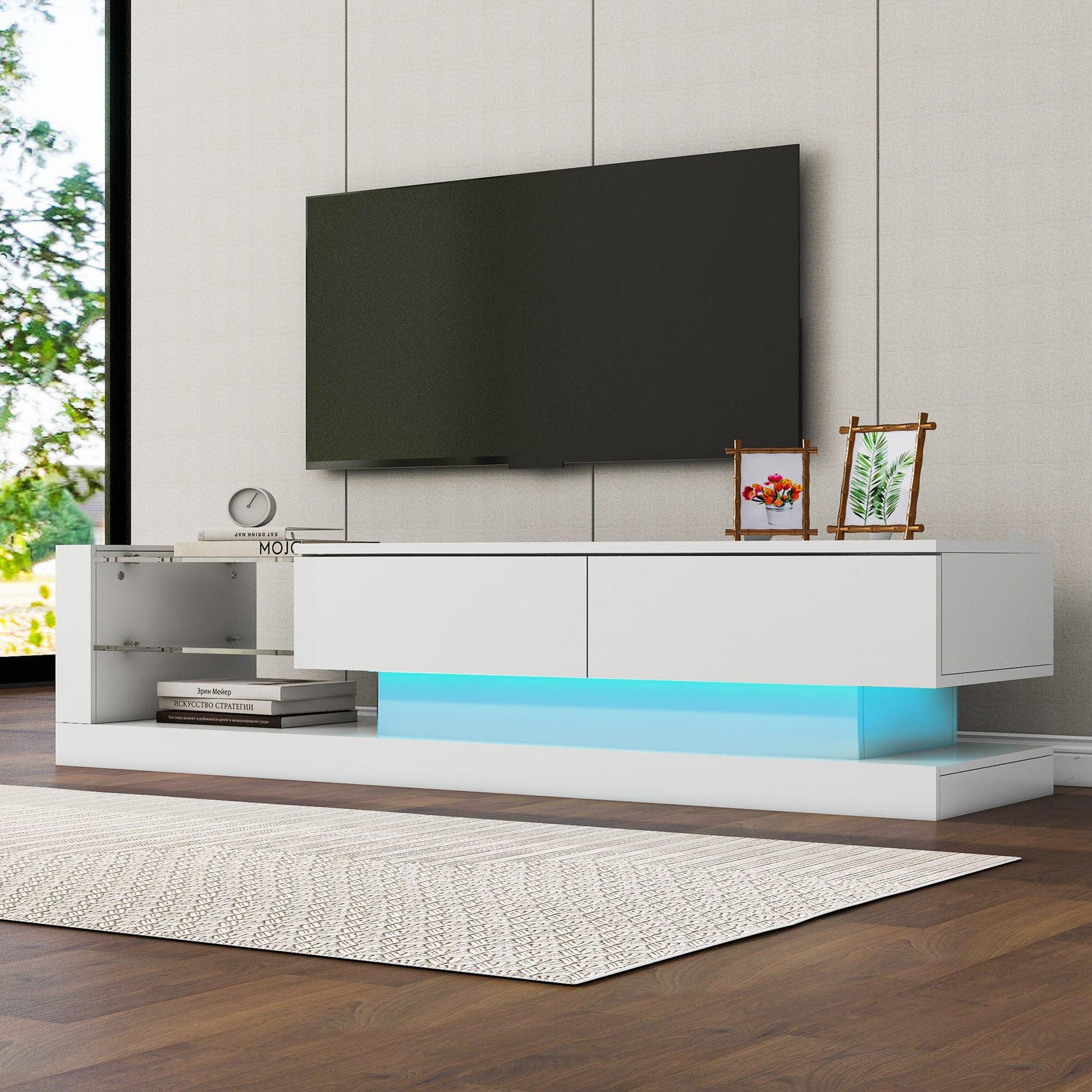 TV Schrank Weiss Hochglanz-TV-Schrank mit verstecktem Stauraum und LED-Beleuchtung, 140x38x38 cm, für 60-Zoll-Fernseher   Aosom.de