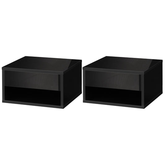 HOMCOM Set mit 2 wandmontierten Nachttischen Nachttisch - Schublade, Fach, Ablagefläche - aus Holz Maße 37L x 32B x 21H cm Schwarz   Aosom