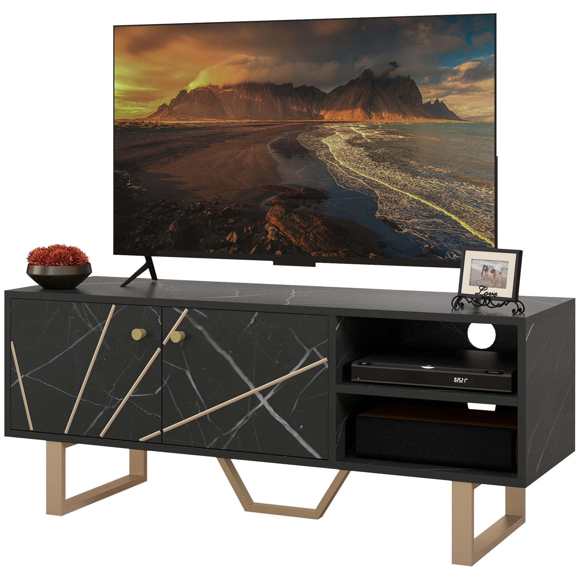 HOMCOM TV-Schrank TV-Ständer für Fernseher bis zu 50 Zoll mit Schrank, verstellbarem Regal und Kabeldurchführungen, Maße 110B x 35T x 45H cm in Schwarz mit Marmoroptik   Aosom