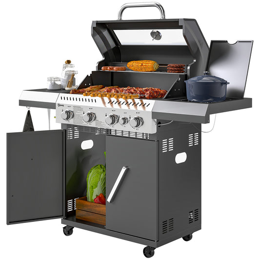 Outsunny Gasgrill 12 KW Grillwagen inkl 5 Brenner Seitenkocher Rolle Druckminderer Deckel Gasschlauch 2 Heizzonen Thermometer Seitenablagen, BBQ Gartengrill für Balkon, Grill 135 x 54 x 110 cm   Aosom