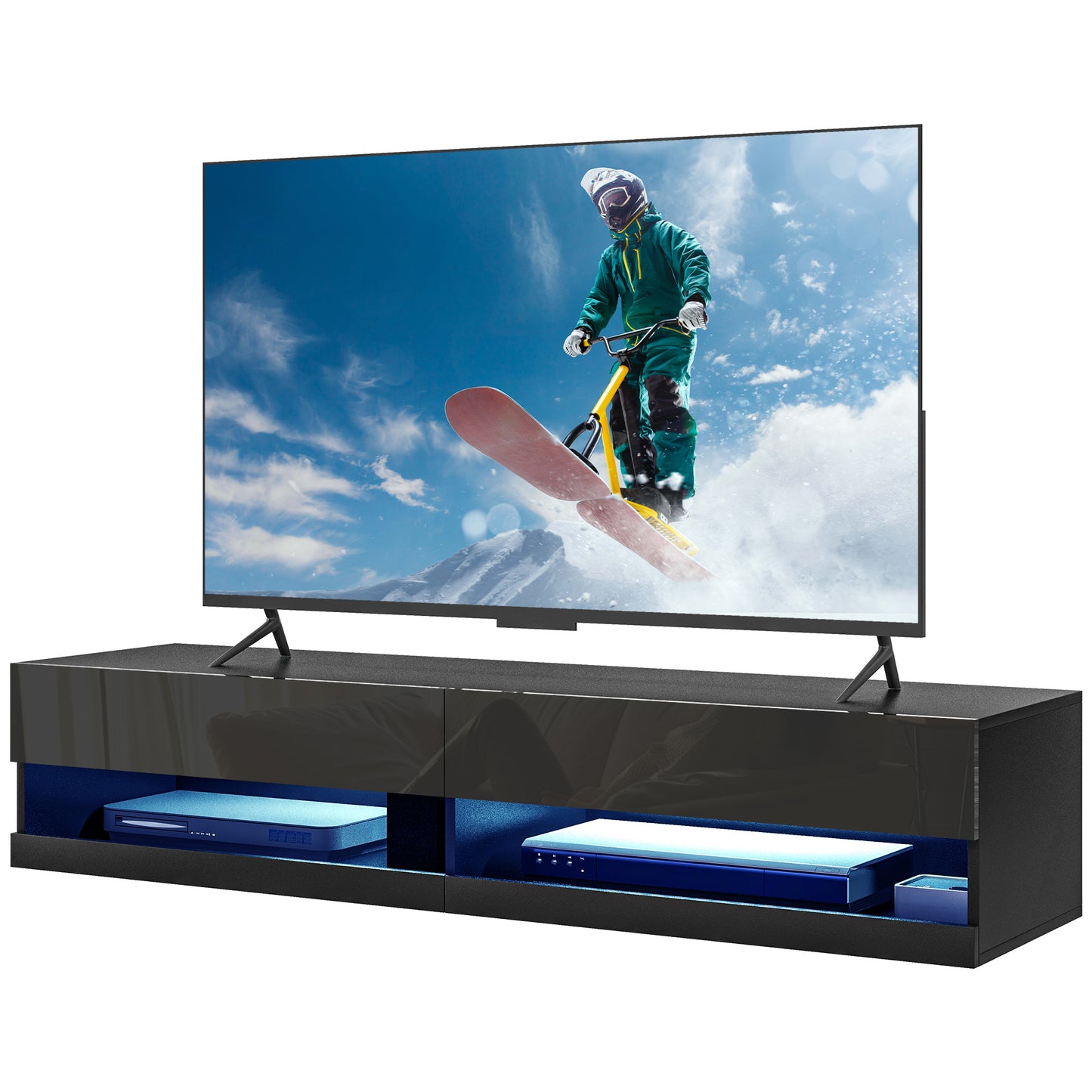 HOMCOM TV-Möbel wandmontiertes TV-Bank mit LED im modernen Stil - Schränke mit 2 Klappstüren und 2 Kabeldurchführungen - aus Holz Abmessungen 150L x 40B x 30H cm schwarz lackiert   Aosom