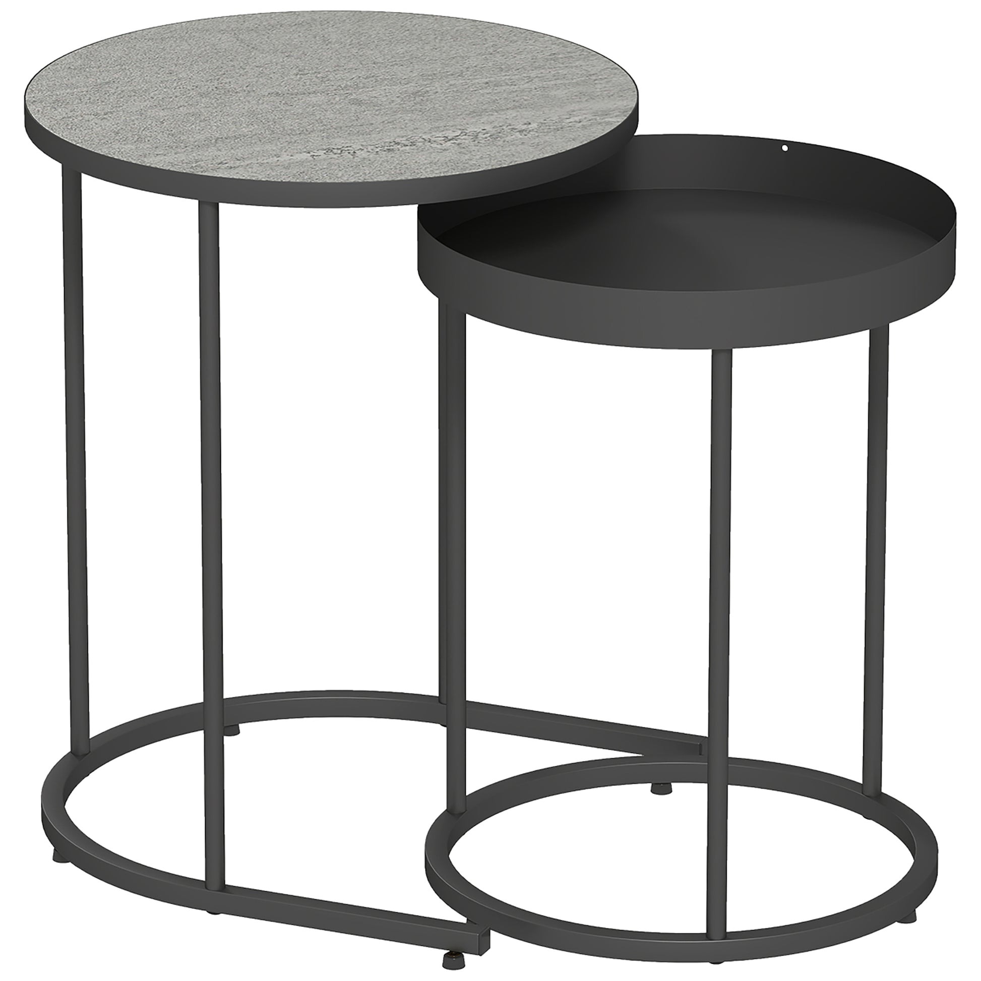 HOMCOM Couchtisch Rund 2er Set Wohnzimmertisch mit Tablett-Design, Holzoptik Beistelltisch Satztisch Kaffeetisch mit Metallgestell Sofatisch für Wohnzimmer Grau   Aosom