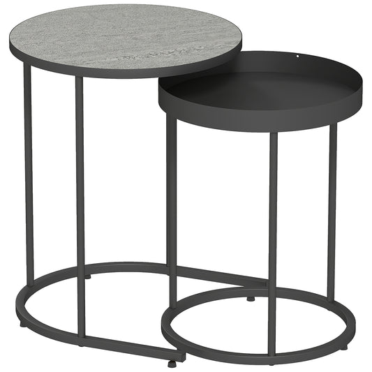 HOMCOM Couchtisch Rund 2er Set Wohnzimmertisch mit Tablett-Design, Holzoptik Beistelltisch Satztisch Kaffeetisch mit Metallgestell Sofatisch für Wohnzimmer Grau   Aosom