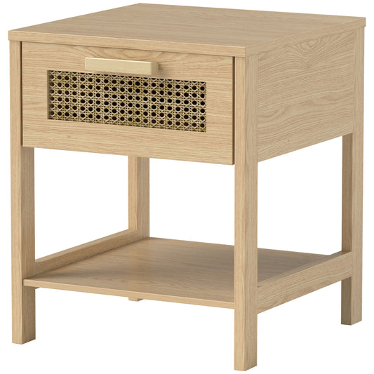 HOMCOM Nachttisch Nachtschrank Beistelltisch natürlicher Nachtkommode mit Schublade offenen Ablage Rattan-Design Natur 40 x 40 x 48,4 cm   Aosom