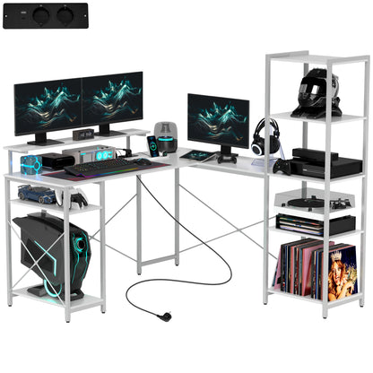 HOMCOM Schreibtisch Gaming Tisch L Form mit Regal, Computertisch mit Monitorständer, Steckdose, USB-Ladeanschluss Eckschreibtisch für Heimbüro, Schlafzimmer, 137 x 140 x 139,5 cm Weiß   Aosom