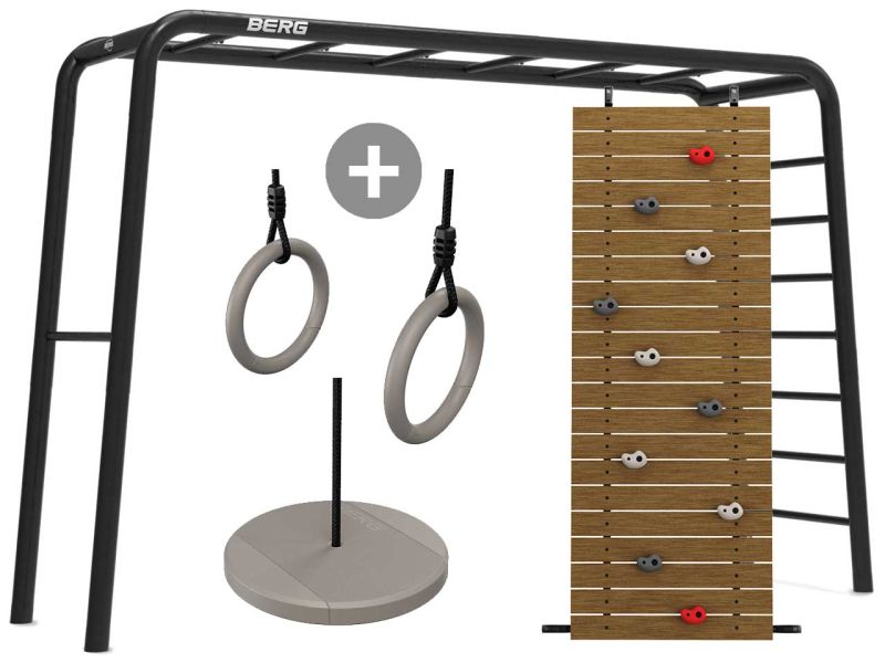 BERG PlayBase Large TL Black inkl. Tellerschaukel, Turnringe und Kletterwand