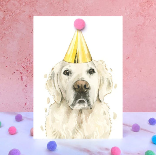 Karte Cream Golden Retriever, Partyhut m. Pom Pom