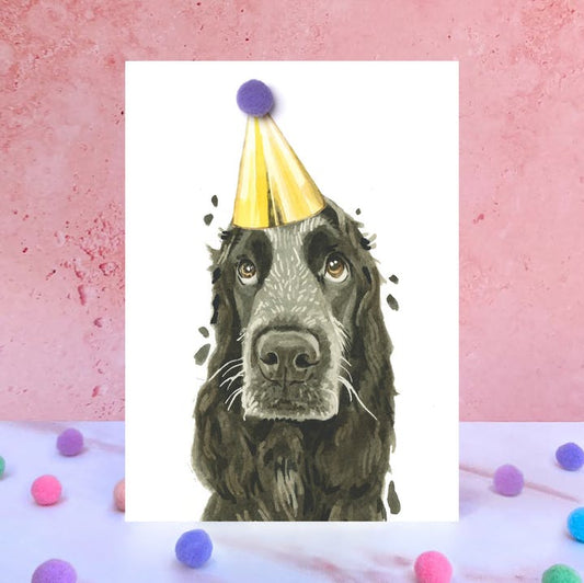 Karte Cocker Spaniel, Partyhut m. Pom Pom