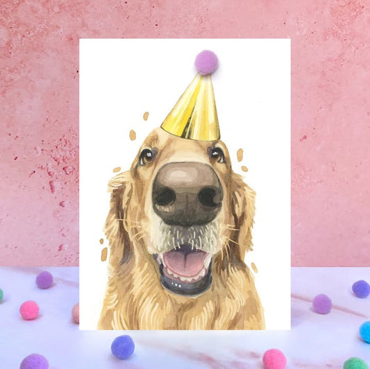 Karte Golden Retriever, Partyhut m. Pom Pom