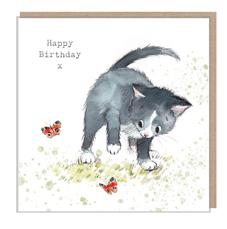 Karte Katze grau mit Schmetterling