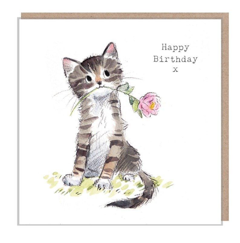 Karte Katze braun-grau mit Blume