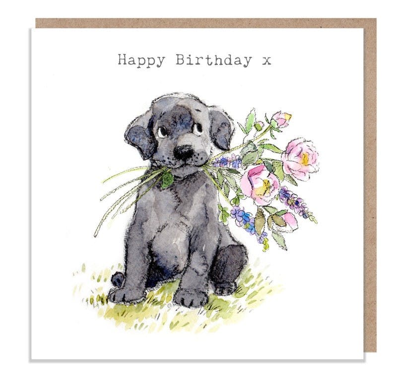 Karte schwarzer Labrador mit Blumen