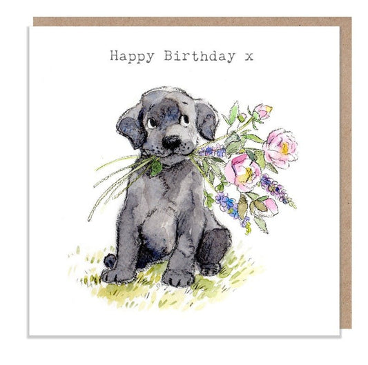 Karte schwarzer Labrador mit Blumen
