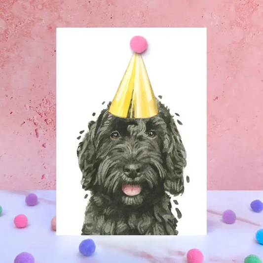 Karte Schwarzer Cockapoo, Partyhut mit Pom Pom