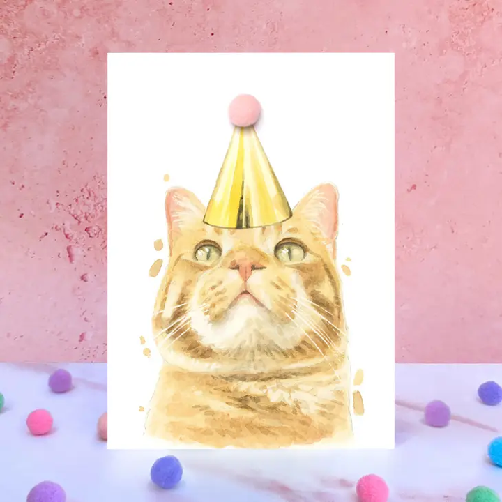 Karte Tabby, Partyhut m. Pom Pom