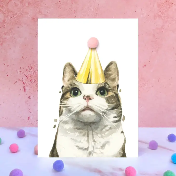 Karte Getigerte Katze, Partyhut m. Pom Pom