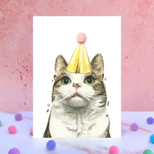Karte Getigerte Katze, Partyhut m. Pom Pom