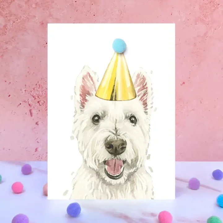 Karte West Highland Terrier, Partyhut m. Pom Pom
