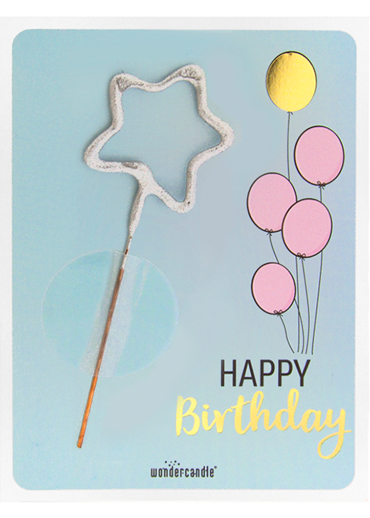 Happy Birthday hellblau Mini Wunderkerze auf Karte