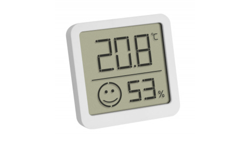 TFA Thermo-Hygrometer mit Smiley-Klimakomfortanzeige, Raumtemperatur, Luftfeuchte (rH), weiß