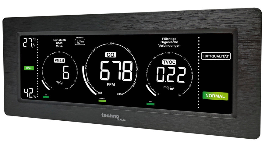 technoline Luftgüte-Monitor WL1035 - CO2, TVOC, Feinstaub, Temperatur, Luftfeuchte, Ampel-Anzeigen
