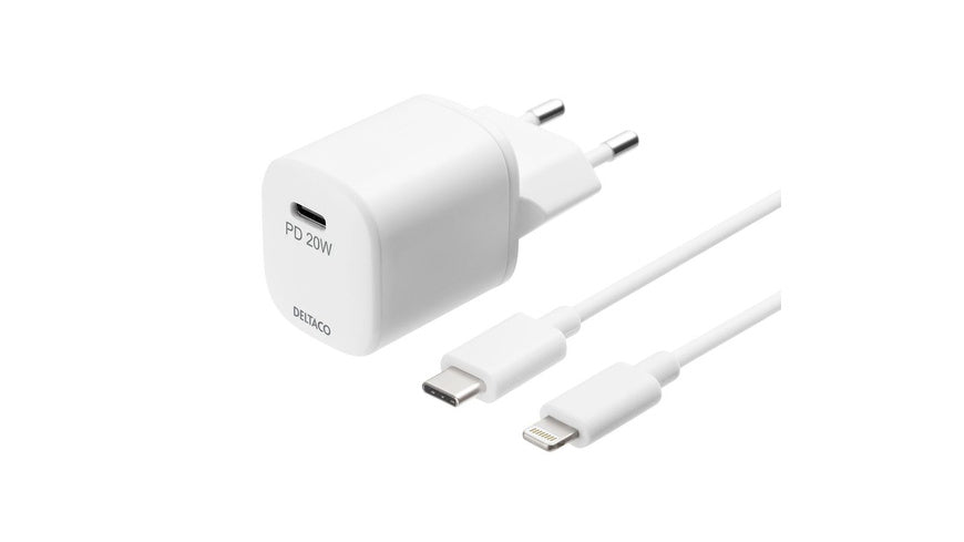 Deltaco USB-C-Schnell-Ladegerät USBC-AC141, 20 W mit USB-C auf Lightning-Kabel, MFi