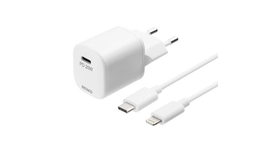 Deltaco USB-C-Schnell-Ladegerät USBC-AC141, 20 W mit USB-C auf Lightning-Kabel, MFi