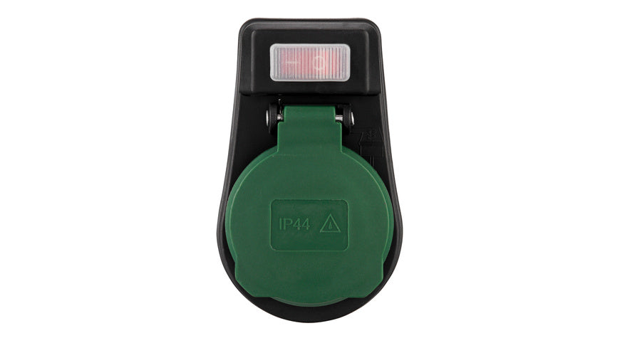 REV Ritter Steckdosenadapter IP44, mit Schalter und Klappdeckel, schwarz-grün