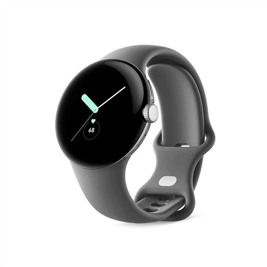 Google Pixel Watch (Wi-Fi) - 41mm in Polished Silver mit Sportarmband in Charcoal