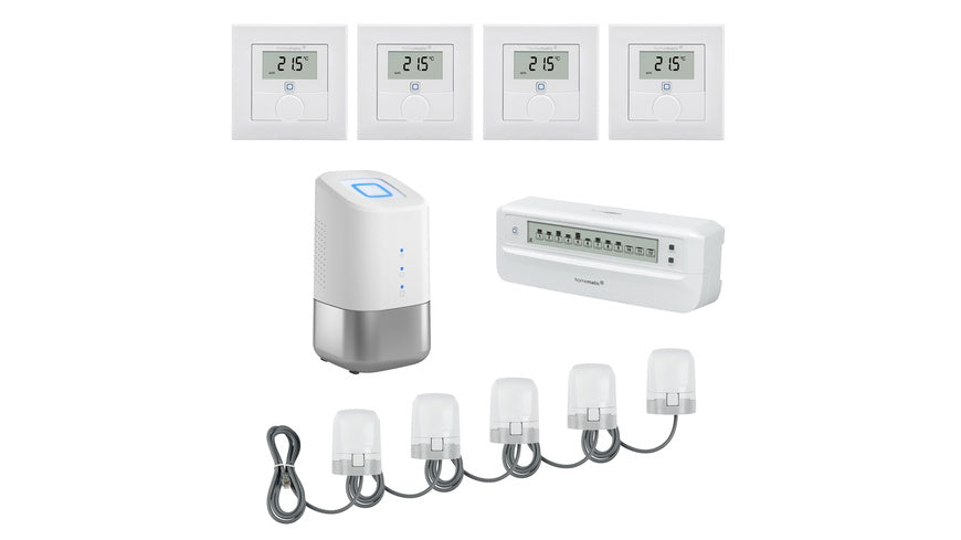Homematic IP Set mit Home Control Unit, 5x Stellantrieb, 4x Wandthermostat, 1x Fußbodenheizungscontroller
