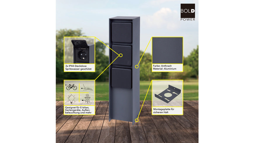 ABANO Steckdosensäule 3-fach, Aluminium, IP44, Anthrazit