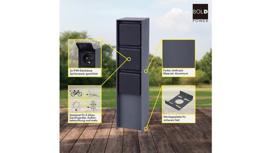 ABANO Steckdosensäule 3-fach, Aluminium, IP44, Anthrazit