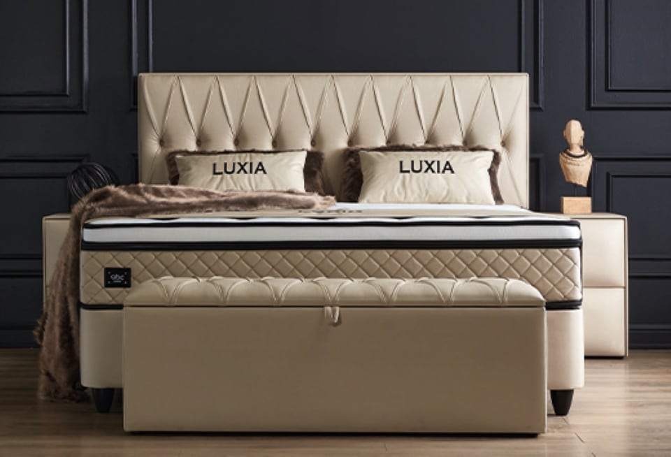 Boxspringbett Luxia von ABC Bedding - Exklusiver Schlafkomfort in Creme Kunstleder mit Bettkasten und Topper