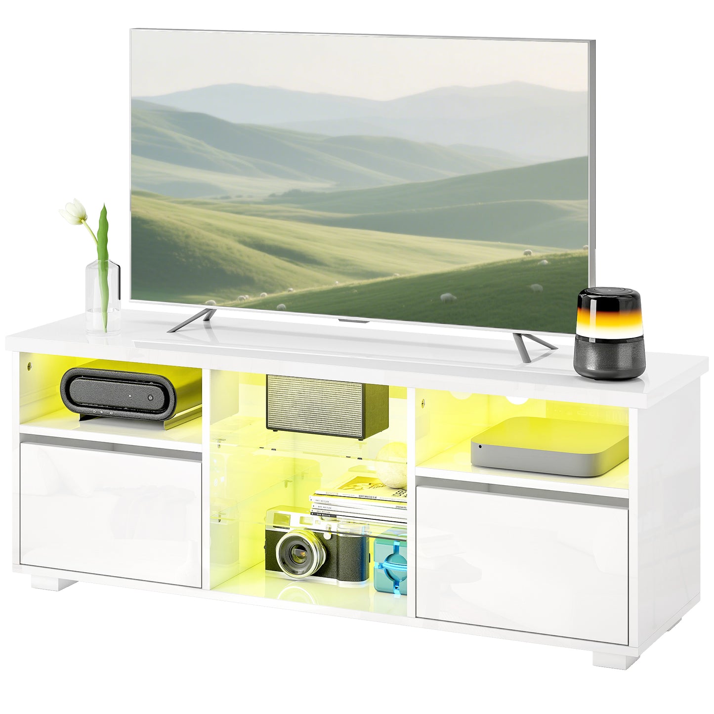 HOMCOM TV-Schrank 120 cm, TV-Ständer für Fernseher bis zu 55 Zoll mit LED-Beleuchtung und Fernbedienung, verstellbare Glasregale, offene Fächer und Kabeldurchführungen, TV-Bank für Wohnzimmer Weiß   Aosom