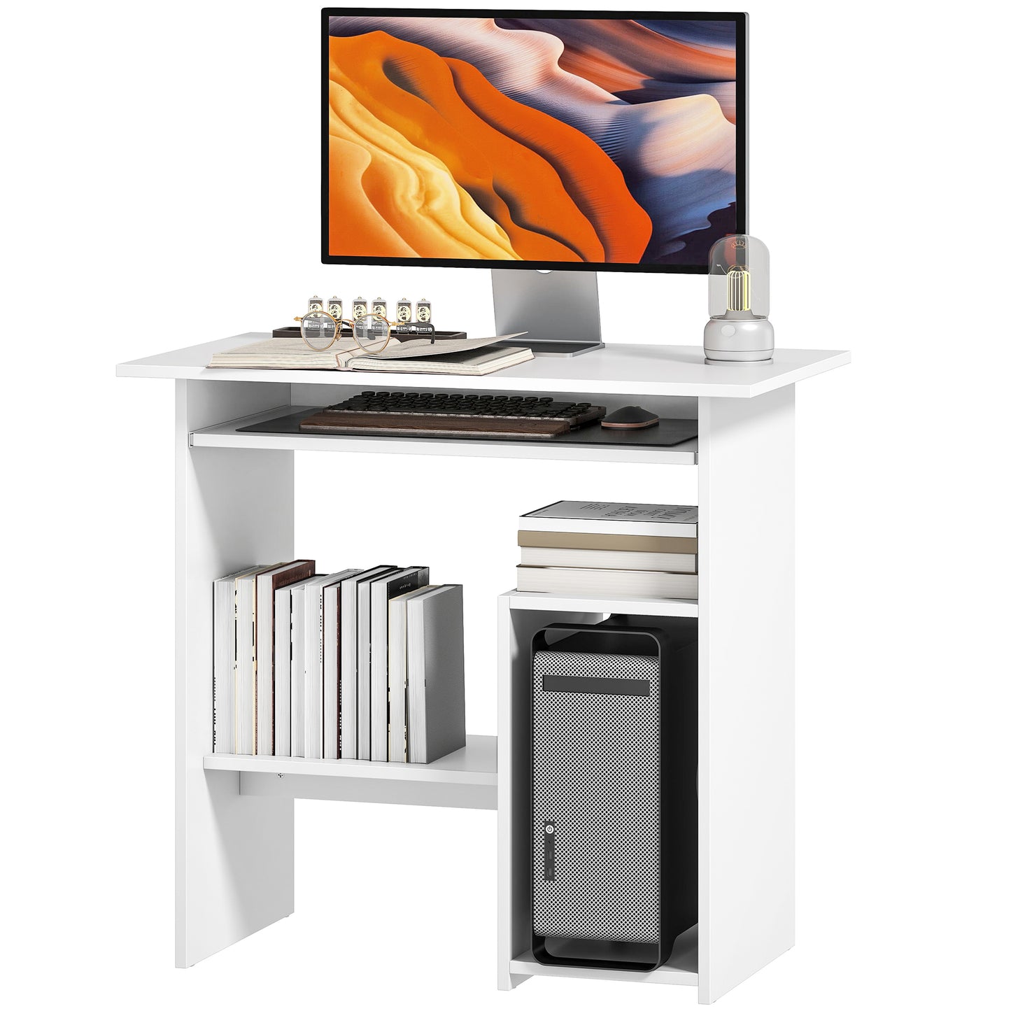 HOMCOM Schreibtisch, 80 x 45 cm, Computertisch, Bürotisch mit Tastaturablage, offenen Fächern und Ablageflächen, Spanplatte, für Home Office, Schlafzimmer, Weiß   Aosom