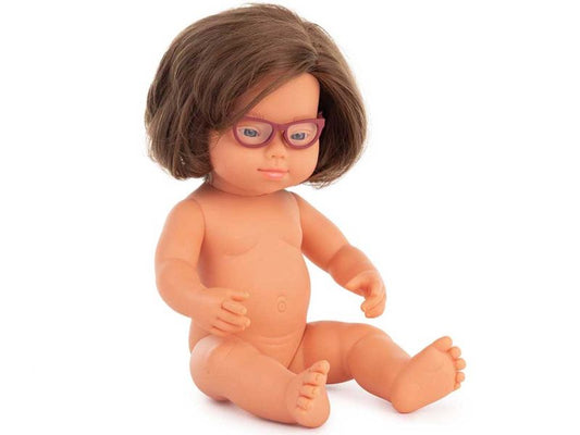 miniland dolls Babypuppe europäisches Mädchen ohne Kleidung, mit Down-Syndrom und Brille
