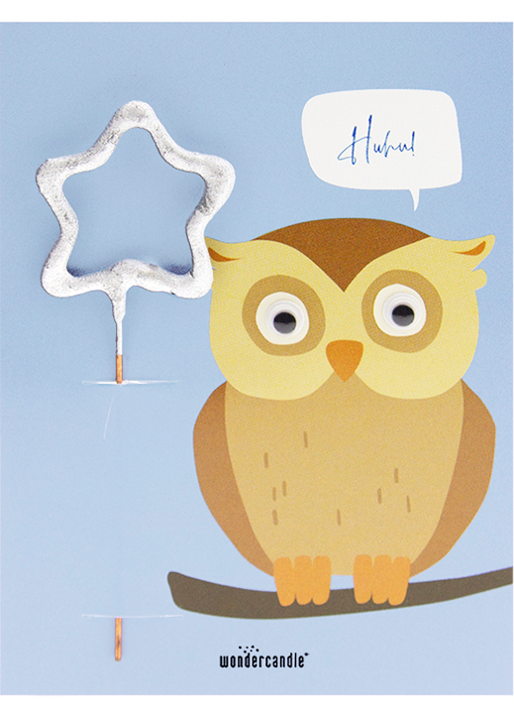 Huhu! Uhu mit Wackelaugen Wunderkerze auf Karte