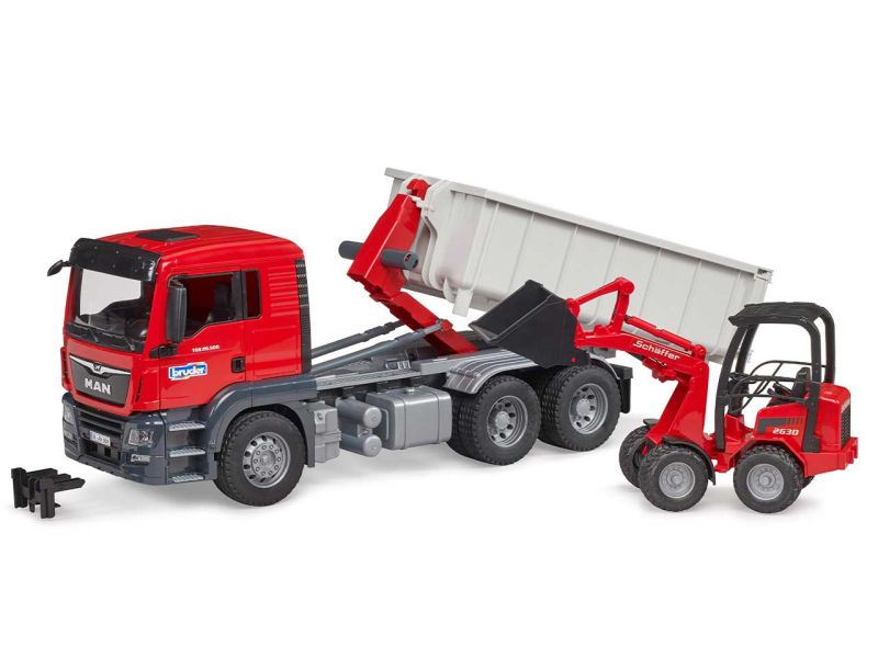 BRUDER MAN TGS LKW mit Abrollcontainer und Schäffer Hoflader