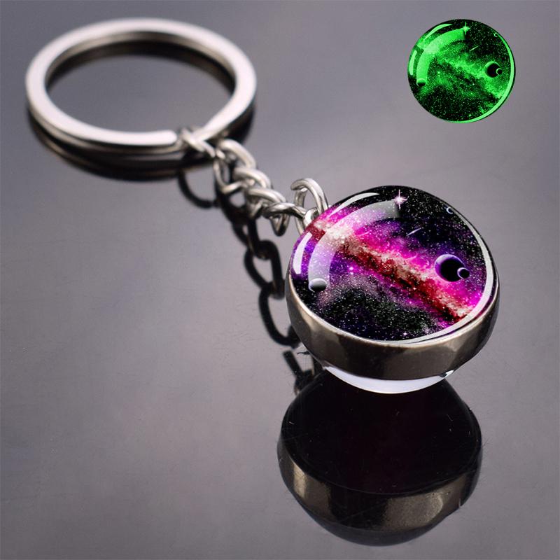 Im Dunkeln leuchtender mehrfarbiger Schlüsselanhänger mit Planeten und Galaxie, Universum, Weltraum, astronomischer Schmuck, Glaskugel-Schlüsselring