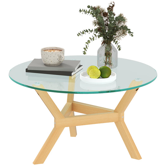 HOMCOM Couchtisch aus Hartglas, Wohnzimmertisch mit verstellbaren Fußpolstern und Stahllrahmen, runder Beistelltisch für Wohnzimmer, Transparent, Ø80 x 45 cm   Aosom